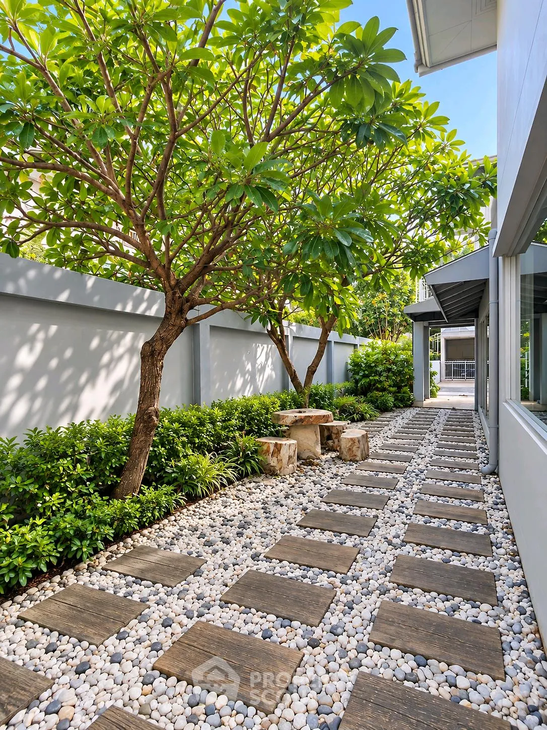 Charming garden pathway with lush greenery and modern stone design, perfect for serene outdoor living.