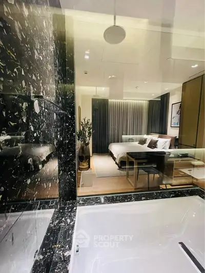 Luxurious bedroom with marble accents and modern decor