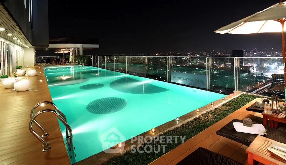 Luxurious rooftop pool with stunning city skyline view at night