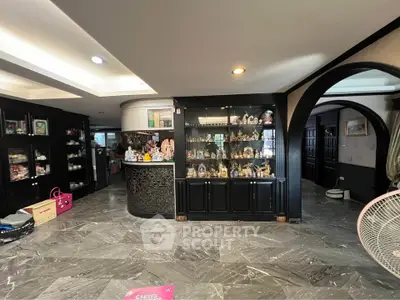 Spacious living room with elegant black cabinetry and decorative figurines