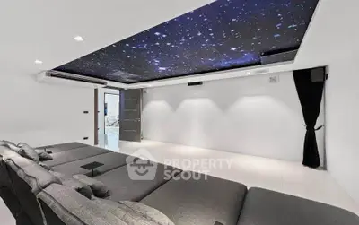 Luxurious home theater with starry ceiling and plush seating