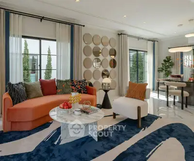Luxurious modern living room with stylish decor and large windows offering natural light.