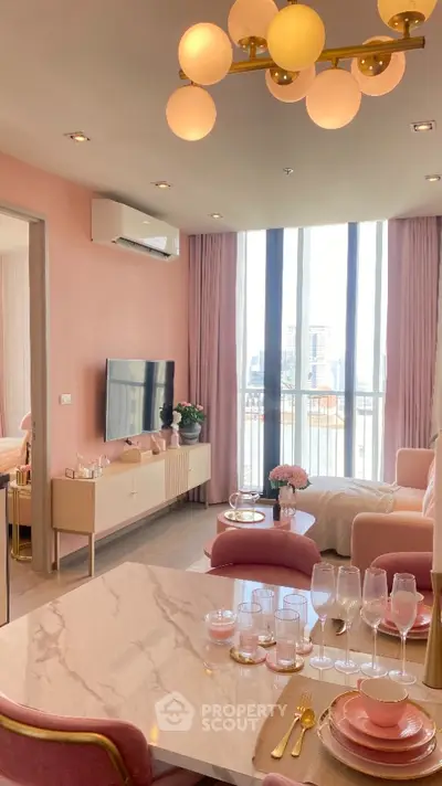 Chic modern living room with pink accents and elegant dining setup