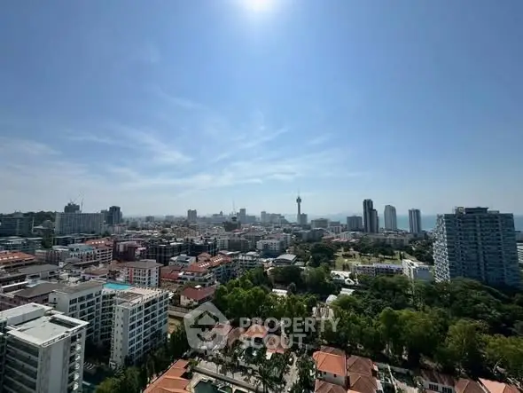 Stunning cityscape view from high-rise building with clear blue sky.