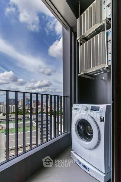 Modern balcony with washing machine and stunning city view