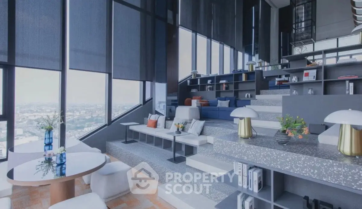 Luxurious modern living room with panoramic city views and stylish decor