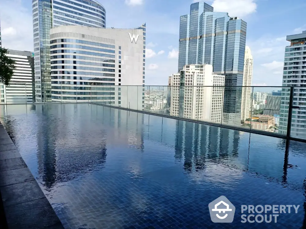 Luxurious rooftop pool with stunning city skyline view in modern high-rise building.