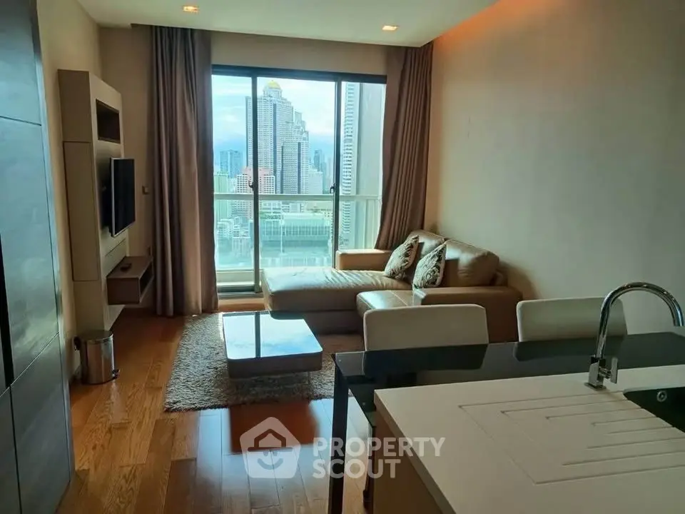 Modern living room with city view and stylish furniture