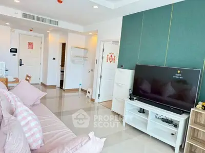 Modern living room with sleek TV setup and stylish decor