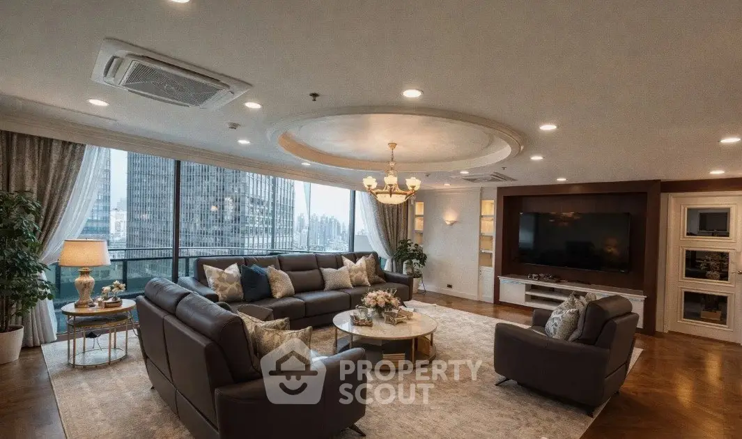 Luxurious living room with city view, elegant decor, and spacious seating area in high-rise apartment.