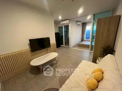 Modern living room with stylish decor and city view