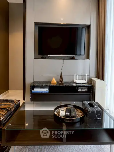Modern living room with sleek TV setup and stylish decor