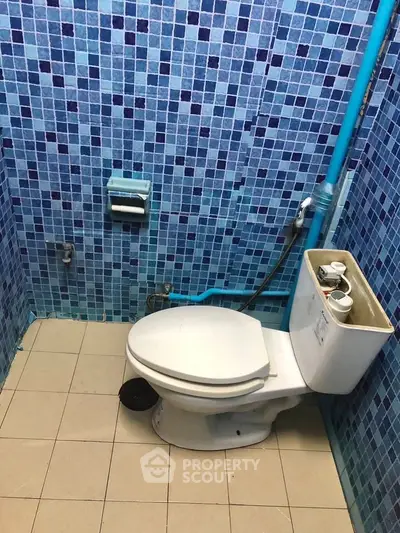 Compact bathroom with blue mosaic tiles and standard toilet setup.