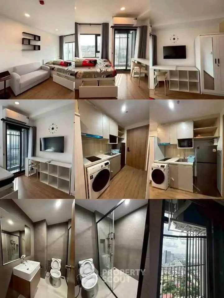 Modern apartment interior with stylish living room, compact kitchen, and sleek bathroom design.