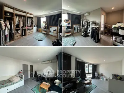 Spacious bedroom with modern decor and ample storage space