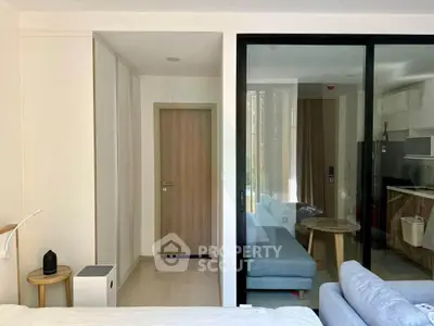 Modern apartment interior with stylish living room and kitchen open layout