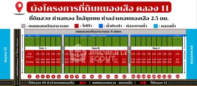 Detailed schematic plan of land plots in Klong 11 area with measurements and road access.