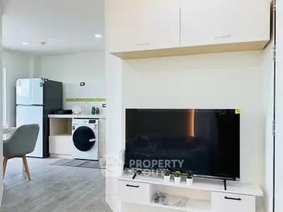 Modern living room with TV, washing machine, and stylish kitchen area.