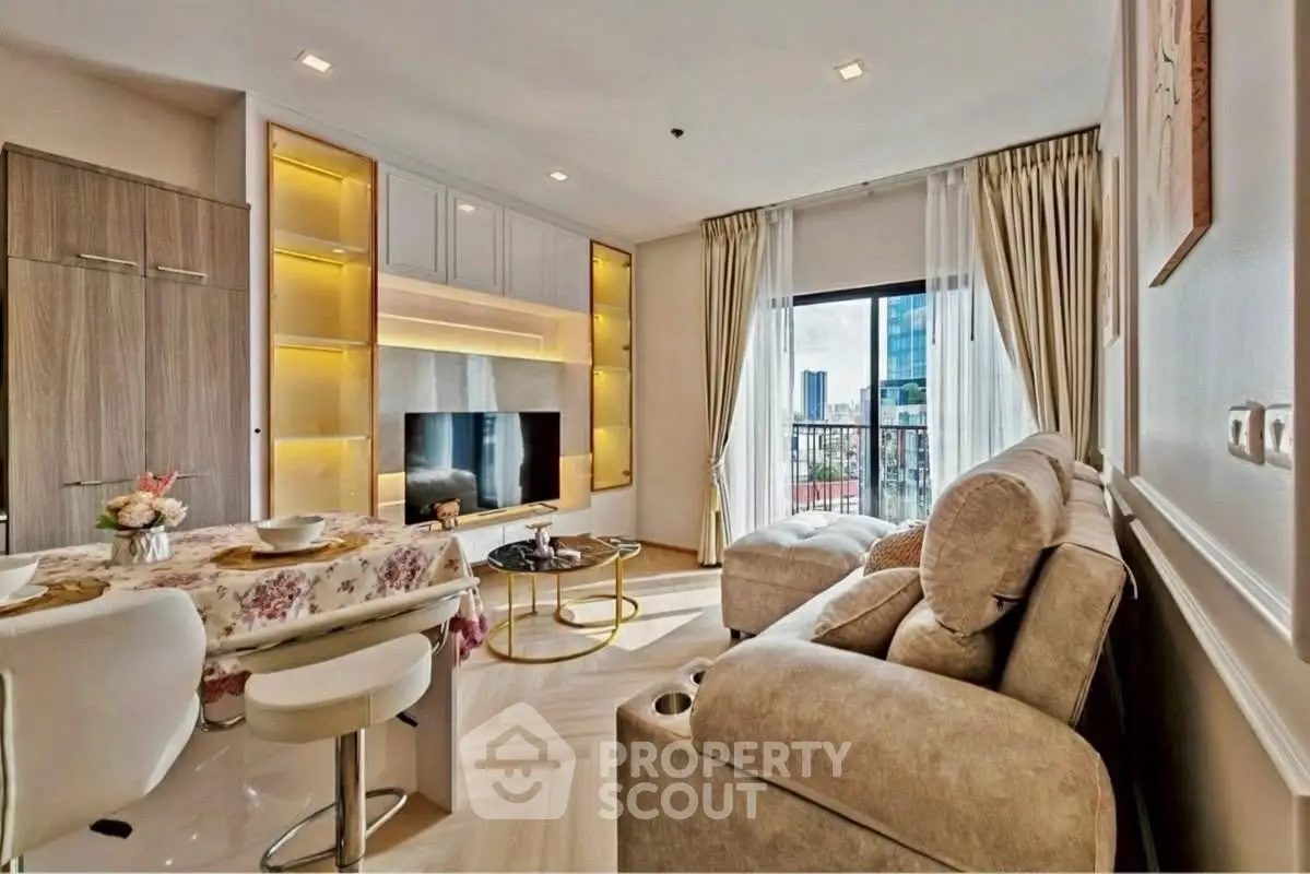 Luxurious living room with modern decor and city view