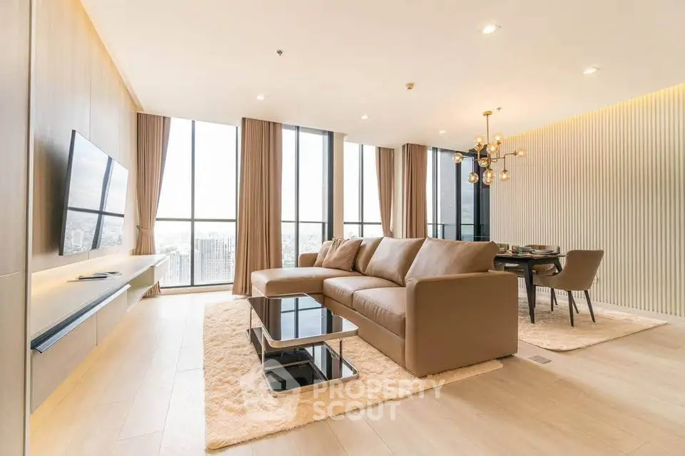 Luxurious modern living room with panoramic city views, elegant furnishings, and ambient lighting.