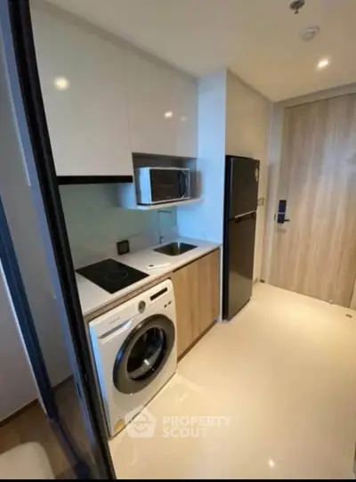 Modern compact kitchen with sleek appliances and stylish cabinetry in a contemporary apartment.