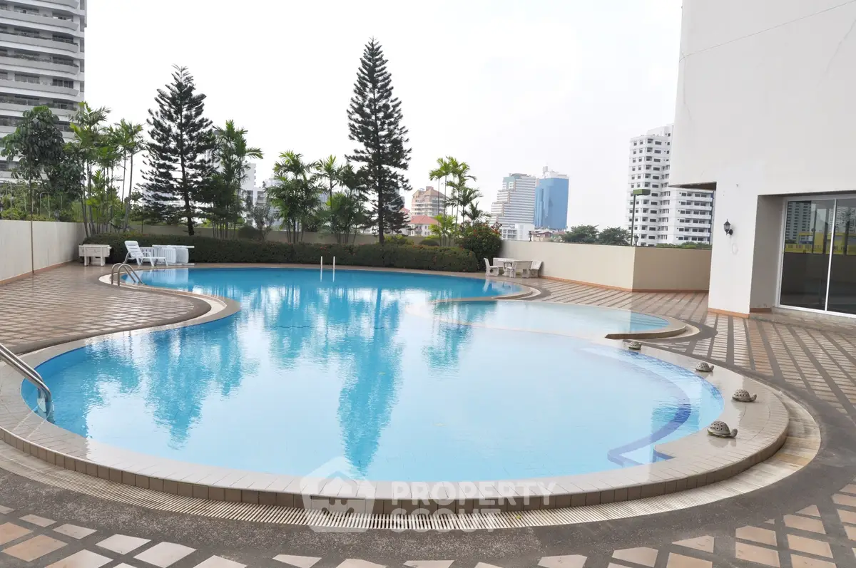 Luxurious rooftop pool with city skyline view and lush greenery.
