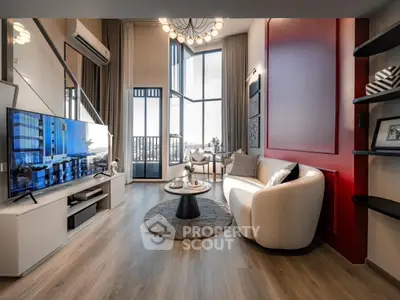 Luxurious modern living room with high ceilings and stylish decor