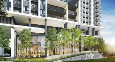 Modern high-rise building with lush greenery and sleek architecture.