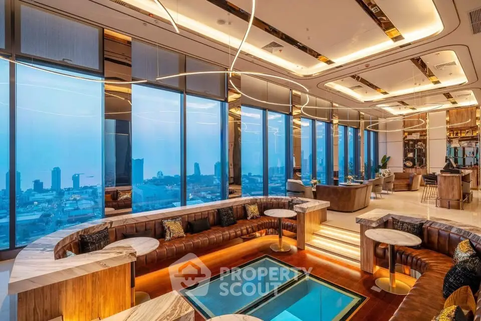 Luxurious high-rise lounge with panoramic city views and modern design