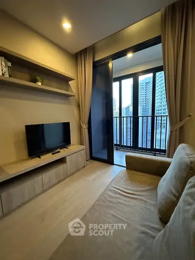 Modern living room with balcony view in urban apartment