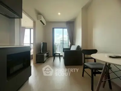 Modern living room with balcony view in a stylish apartment