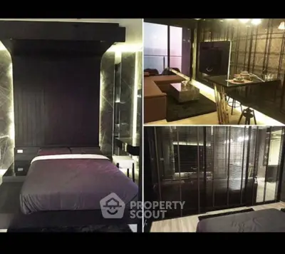Luxurious modern bedroom with sleek design and ambient lighting