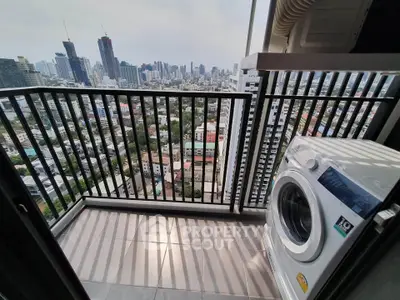 Stunning high-rise balcony with city view and washing machine, perfect for urban living.