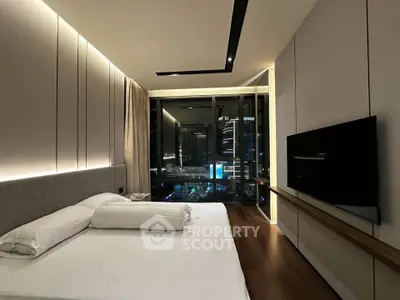 Luxurious bedroom with city view and modern design in high-rise apartment