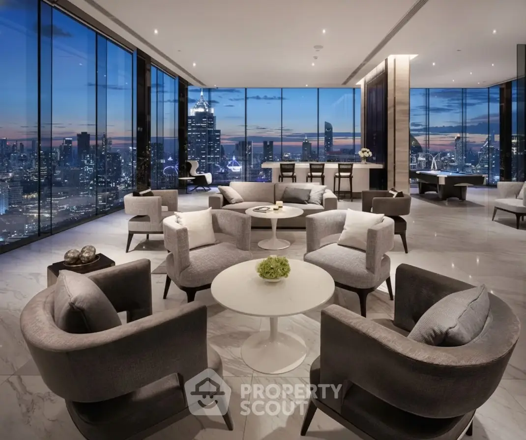 Luxurious living room with panoramic city skyline views and elegant modern furniture.