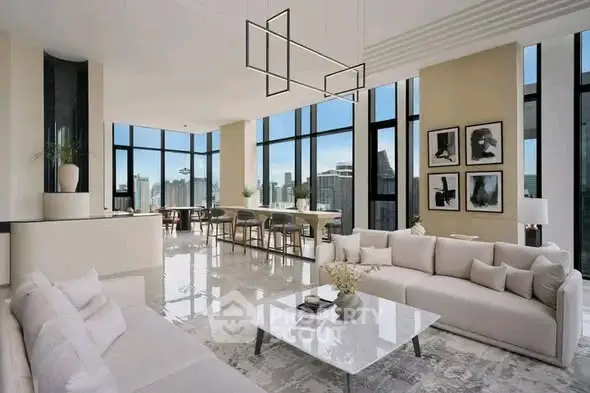 Luxurious modern living room with panoramic city views and elegant decor