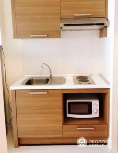 Compact kitchen with wooden cabinets, sink, stove, and microwave in modern apartment.