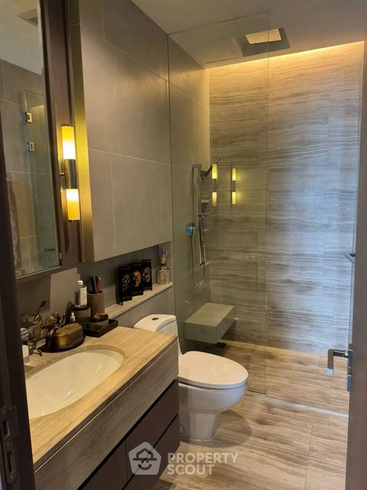 Luxurious modern bathroom with elegant lighting and sleek shower design