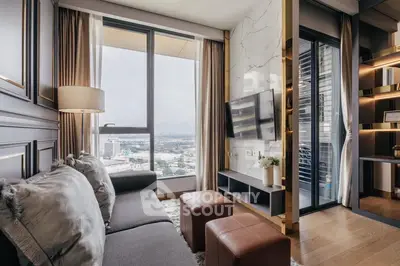 Luxurious living room with stunning city view and modern decor