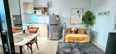 Charming modern living room with cozy sofa, stylish kitchen, and elegant decor in a compact apartment.