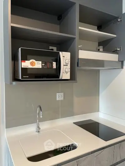 Modern kitchen with sleek cabinetry, microwave, and induction cooktop in a compact layout.