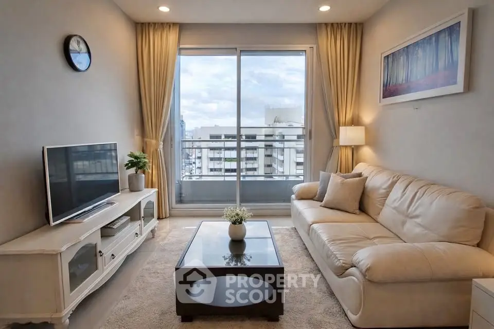 Modern living room with cozy sofa, large window, and city view, perfect for urban living.