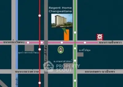 Map showing location of Regent Home Changwattana with nearby streets and landmarks.