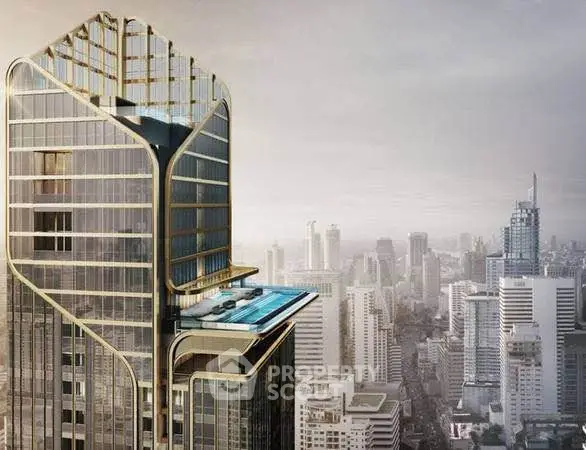 Luxurious skyscraper with rooftop pool offering stunning cityscape views.
