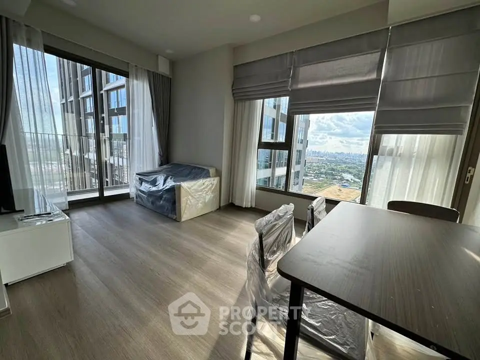 Modern living room with large windows and stunning city view