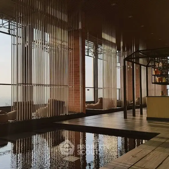 Luxurious rooftop lounge with stunning city views and elegant decor.