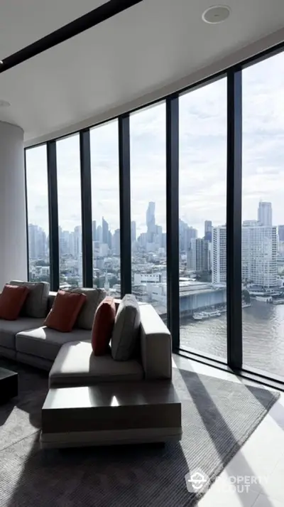 Luxurious living room with panoramic city skyline and river view