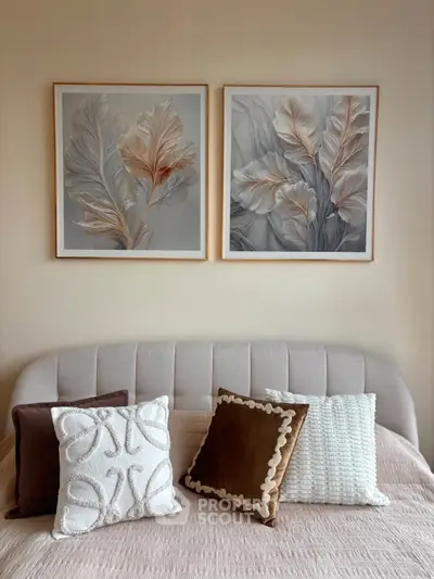 Elegant bedroom with stylish decor and cozy pillows, perfect for relaxation and comfort.