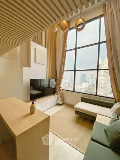 Modern living room with high ceiling and city view, featuring stylish decor and large windows.