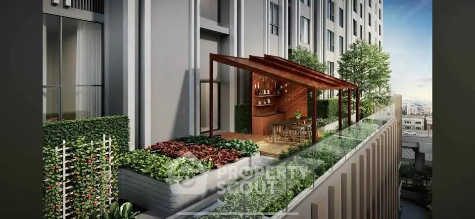 Stunning rooftop garden with modern pergola and city view, perfect for relaxation and entertainment.